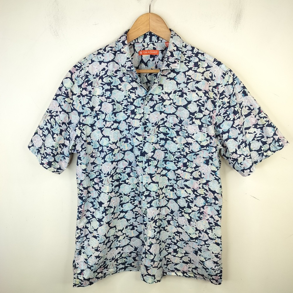 Tori Richard Button Hawaii Shirt Tropical Fish Large Short Sleeve Navy Blue